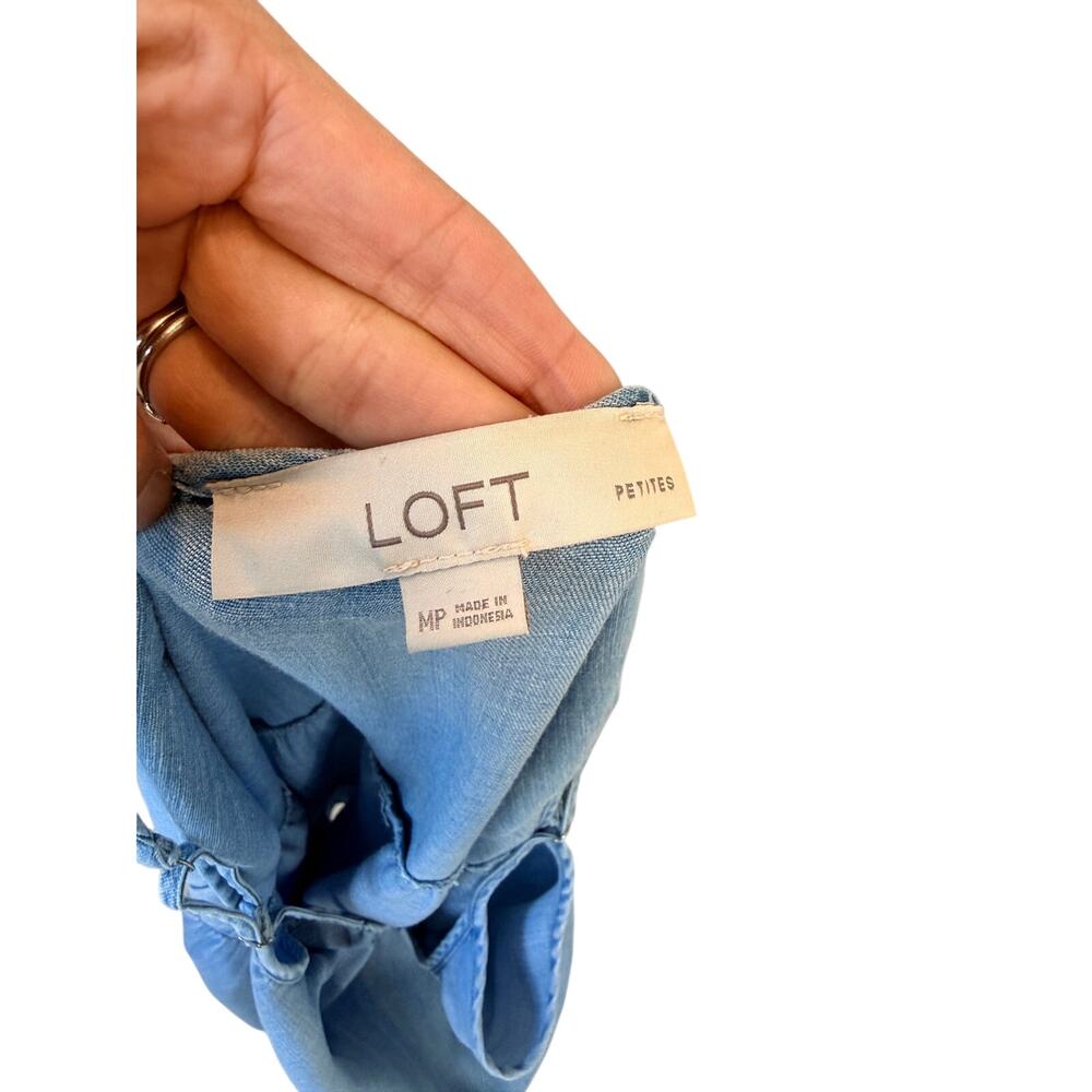 LOFT Chambray Belted Midi Swing Dress Tiered Blue Petite M - Picture 6 of 10